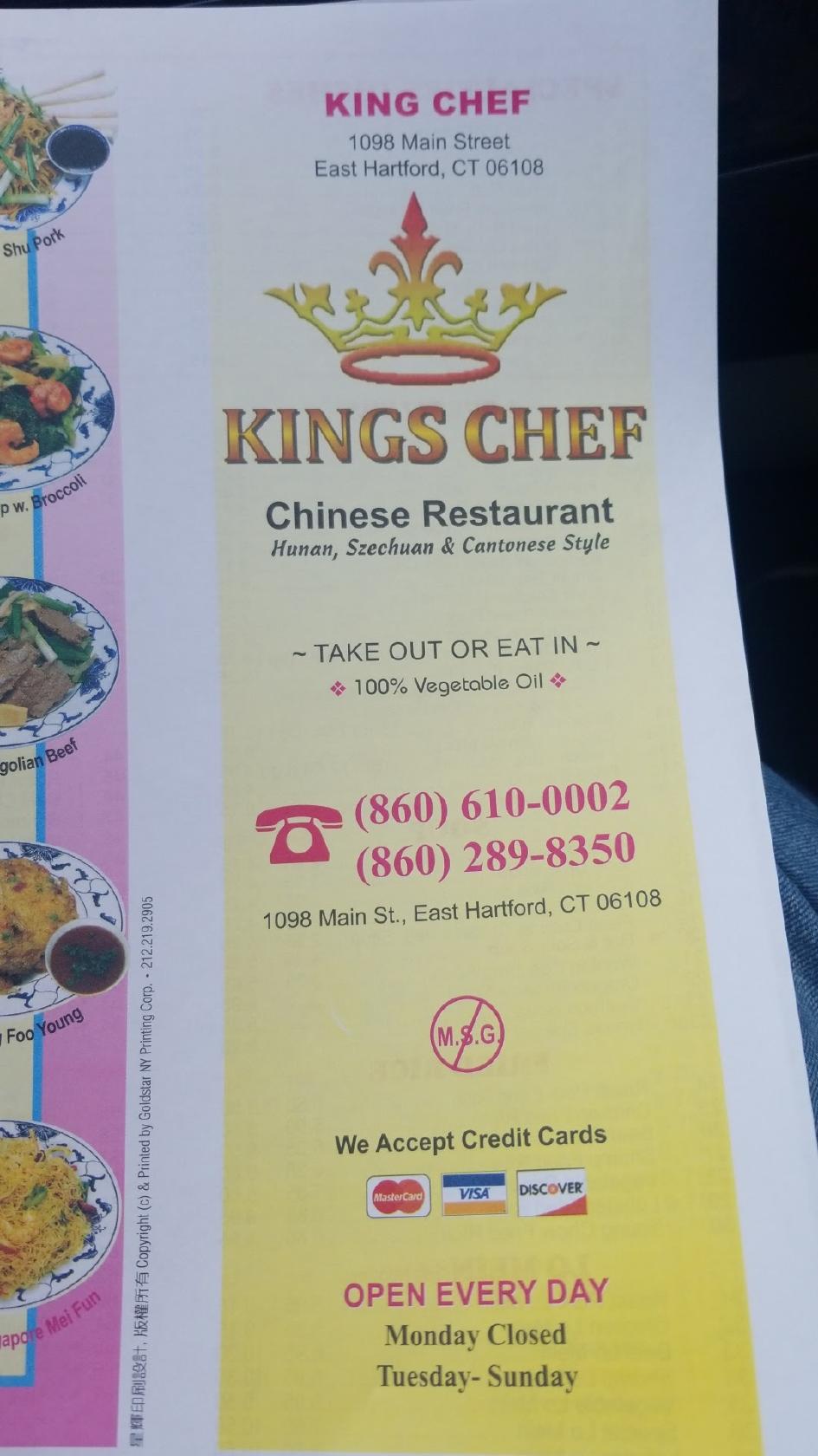Carta de King's Chef Chinese Restaurant, East Hartford