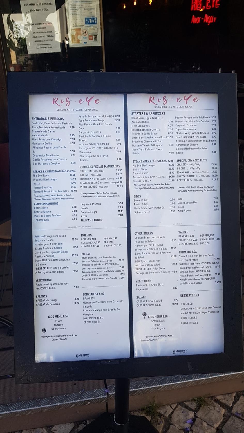 Menu em RIB EYE Steakhouse, Alvor