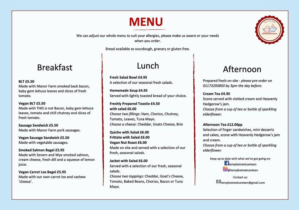 Menu at Temple Street Canteen cafe, Keynsham