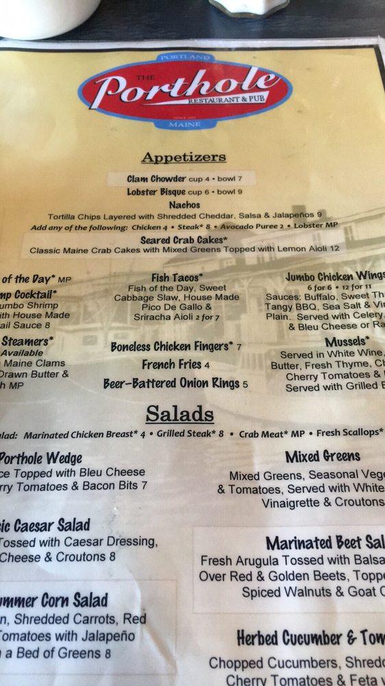 Menu at The Porthole Restaurant & Pub, Portland, 20 Custom House Wharf