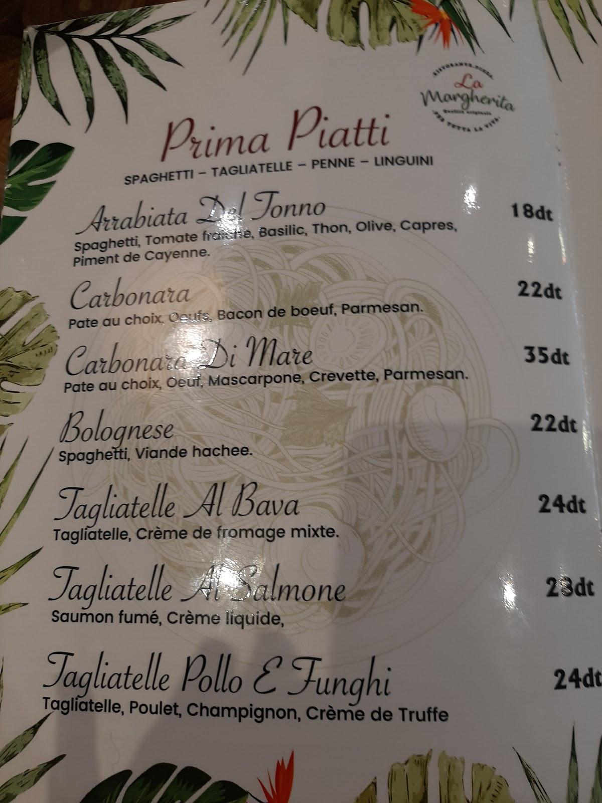 Speisekarte von La Margherita restaurant, Tunis, residence Venezia