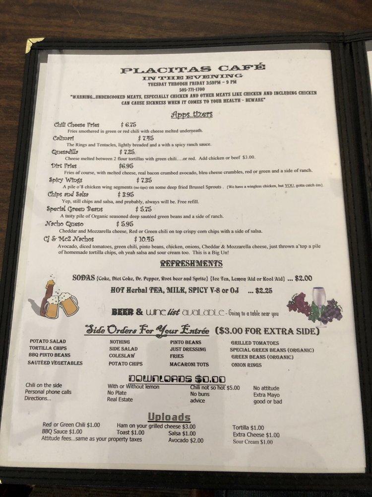 Menu at Placitas Cafe, Placitas
