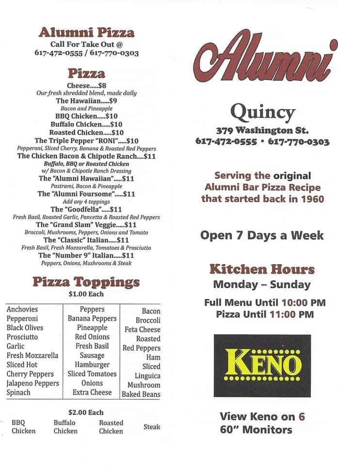 Menu at Alumni Pizza Quincy restaurant, Quincy