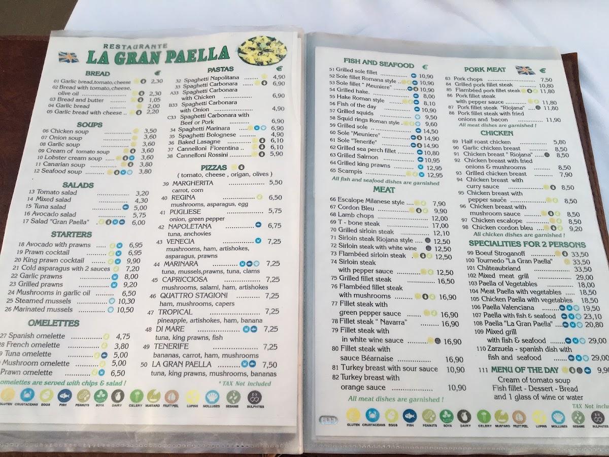 Menu at La Gran Paella Valenciana pizzeria, Costa Adeje