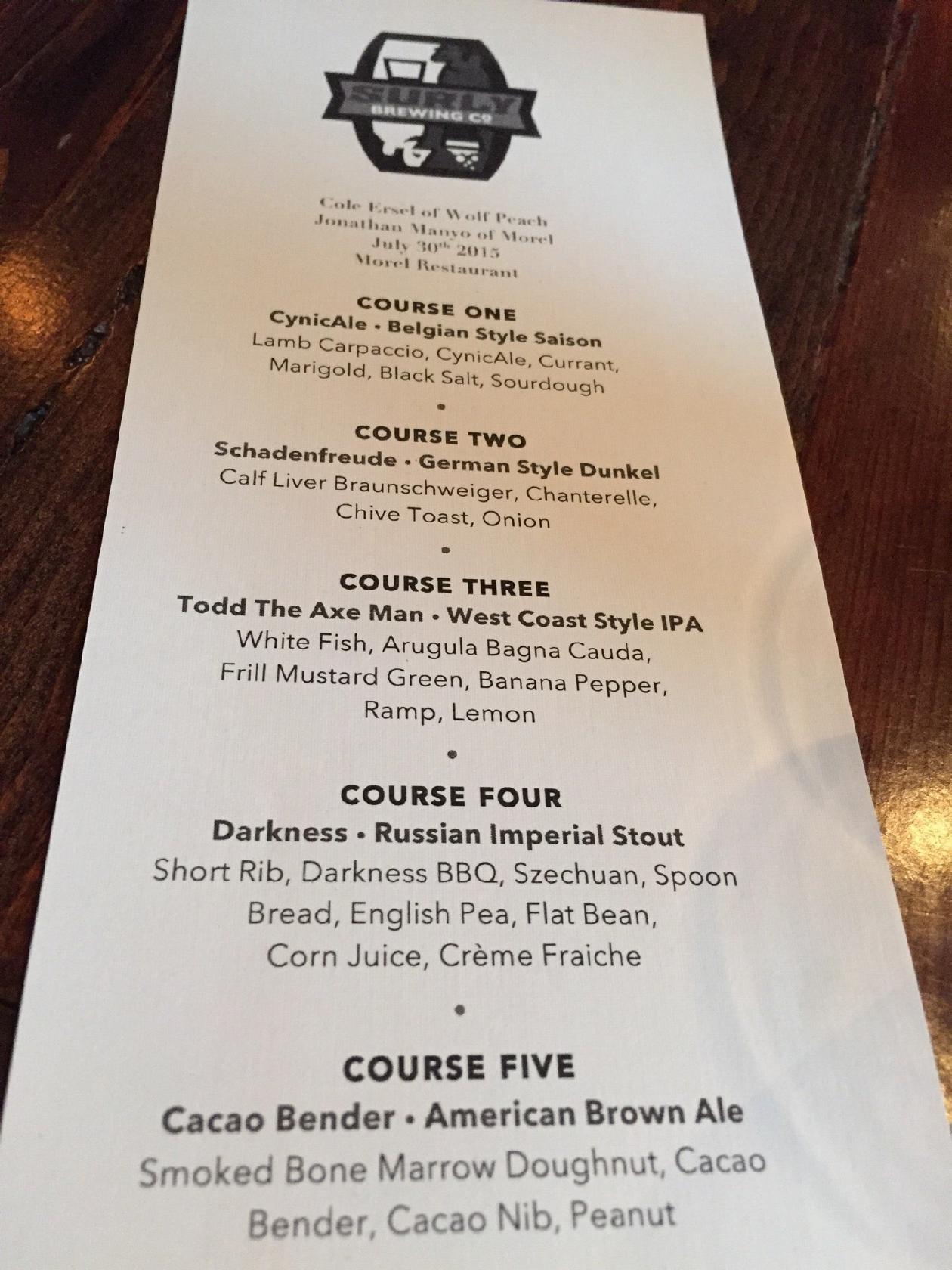 Menu at Morel restaurant, Milwaukee
