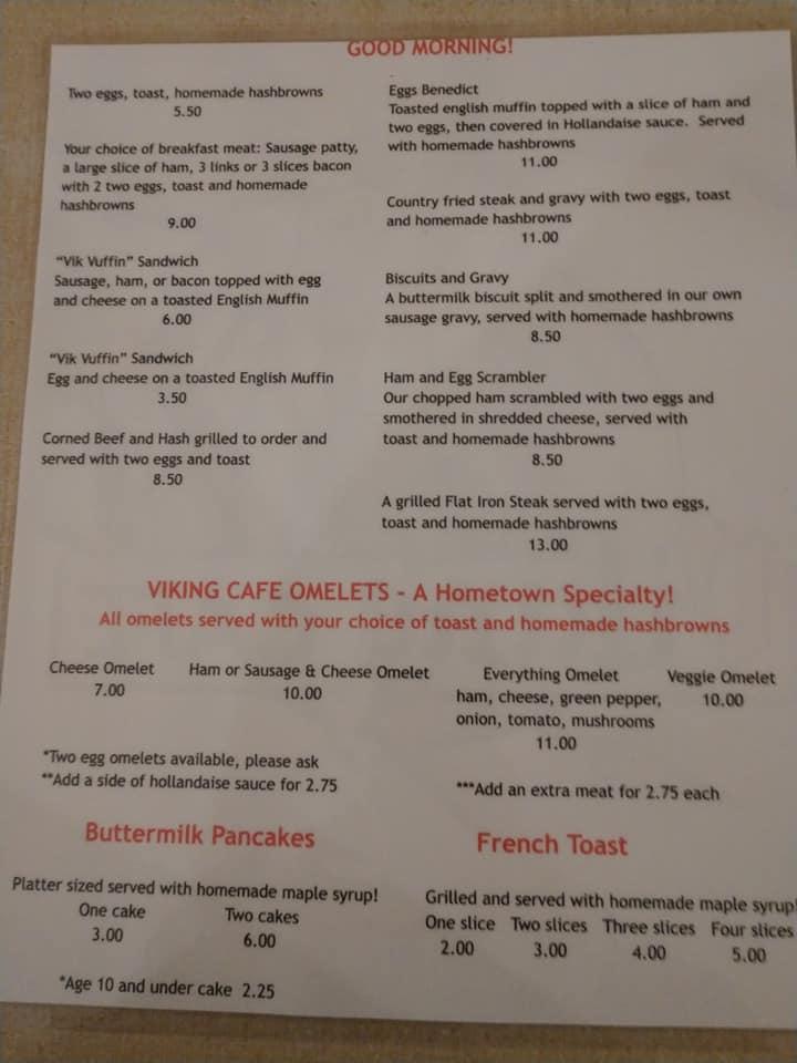 Menu at The Viking Cafe, Fergus Falls