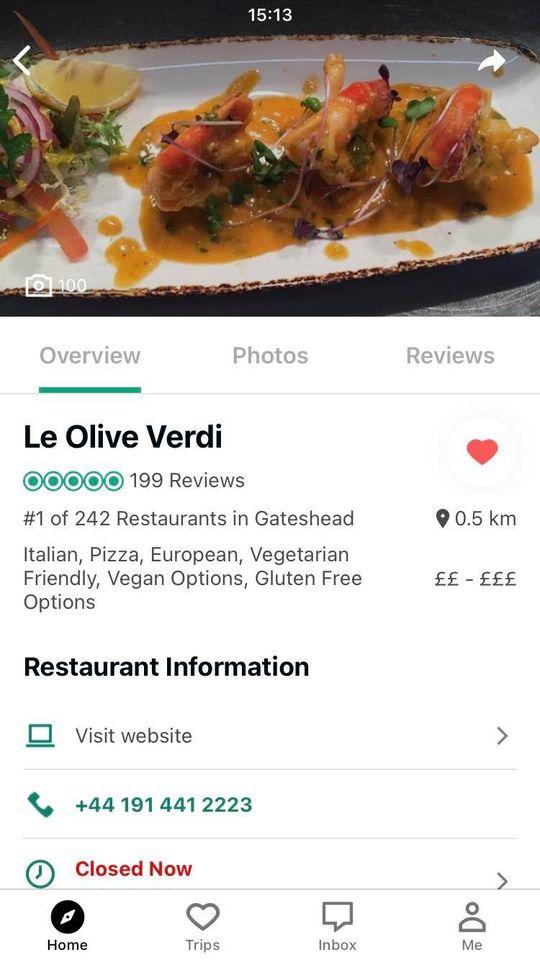 Menu at Le Olive Verdi restaurant, Gateshead
