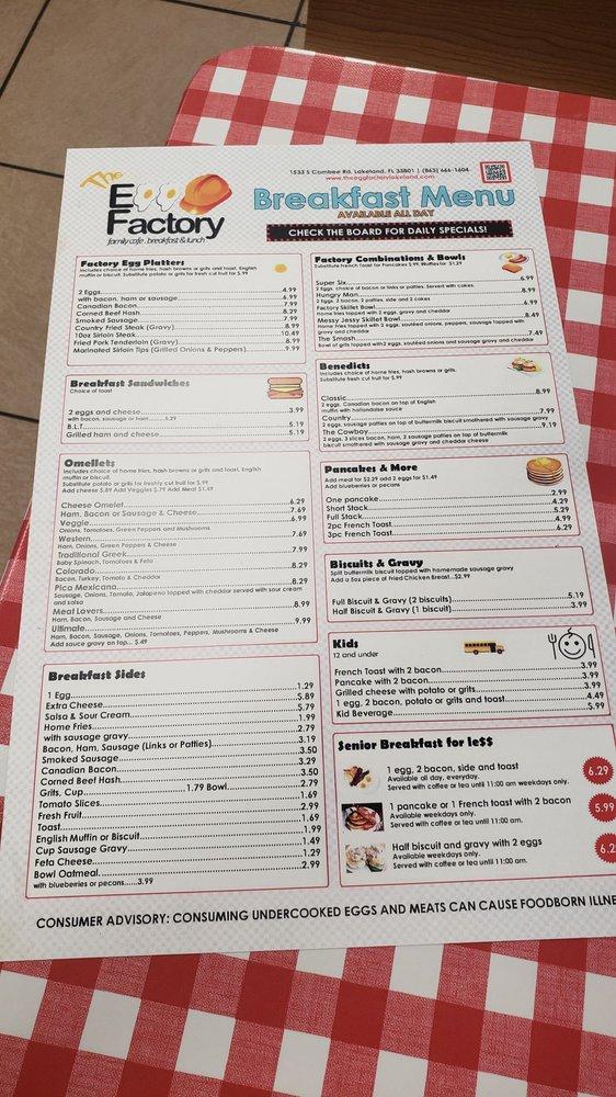 Menu at The Egg Factory restaurant, Lakeland, S Combee Rd