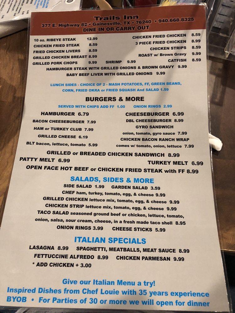 Menu at Trails Inn Restaurant, Gainesville