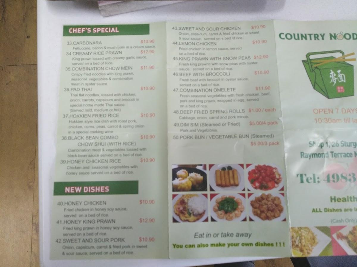Menu at Country Noodles restaurant, Raymond Terrace