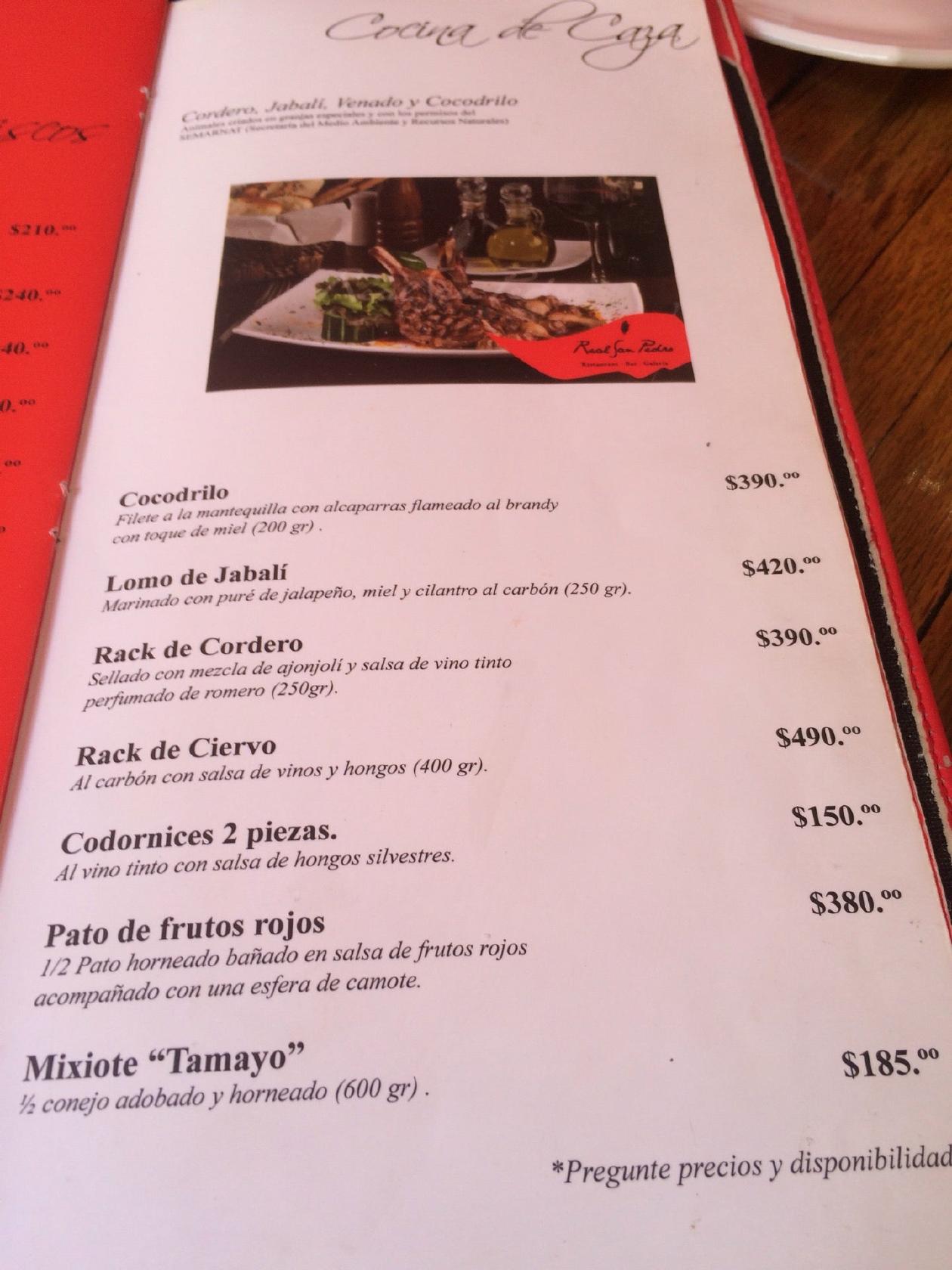 Menu at Real San Pedro restaurant, Tlaquepaque, Calle Independencia 163