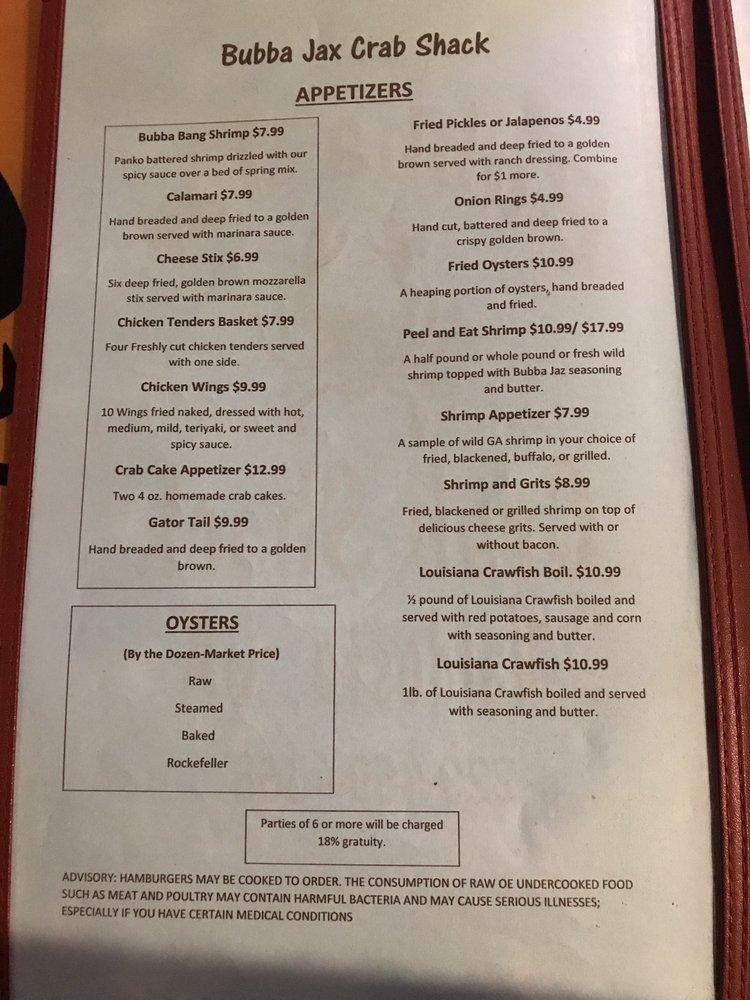 Menu at Bubba Jax Crab Shack restaurant, Valdosta
