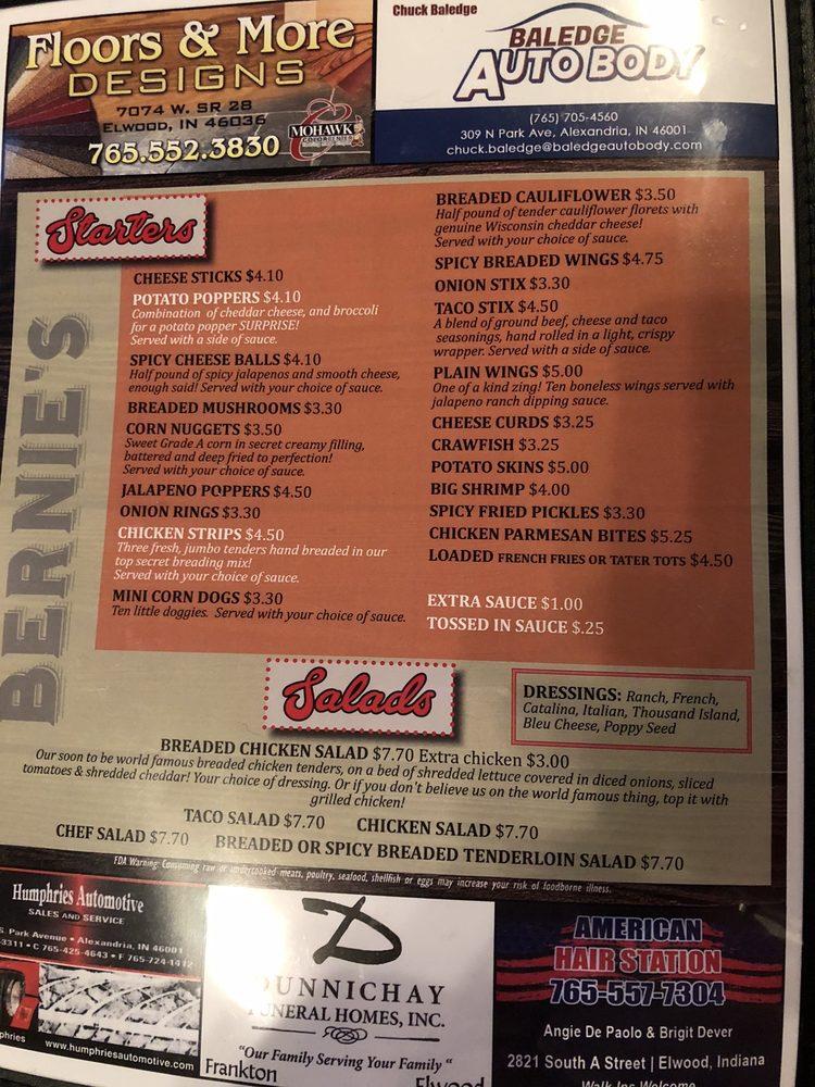Menu at Bernie's Bar, Frankton