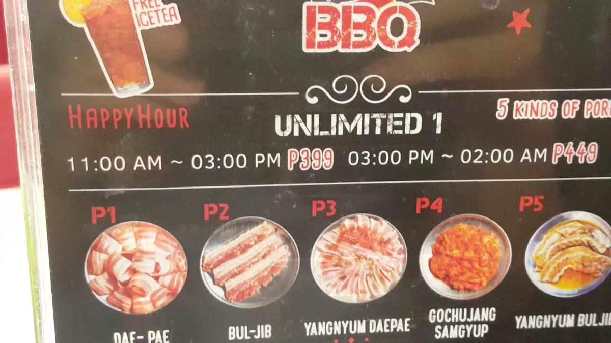 Menu at Samgyupsalamat restaurant, Plaridel