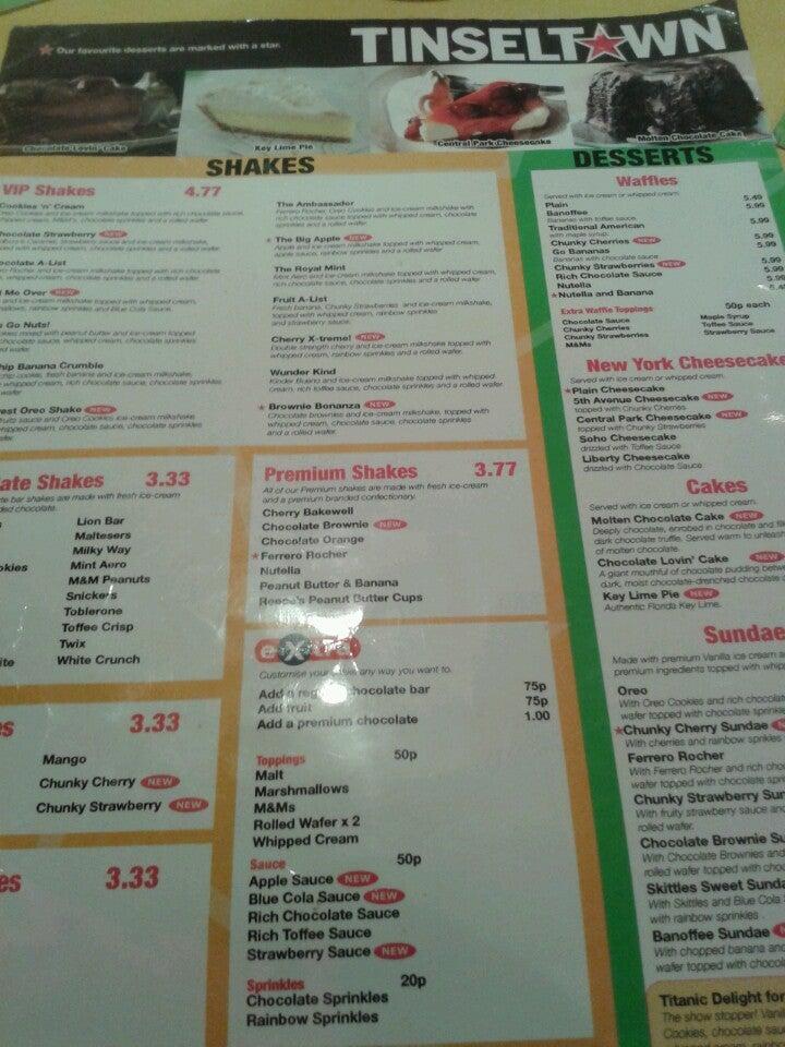 Menu at Tinseltown Birmingham restaurant, Birmingham