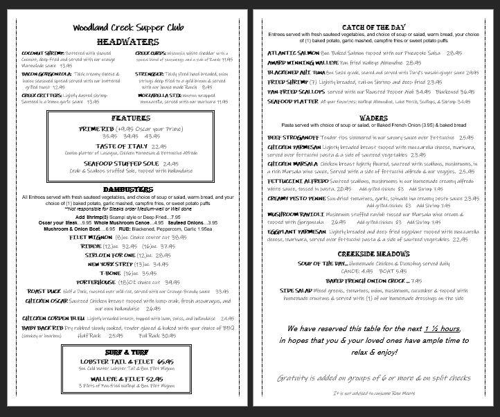 Menu at Woodland Creek Supper Club, New Prospect