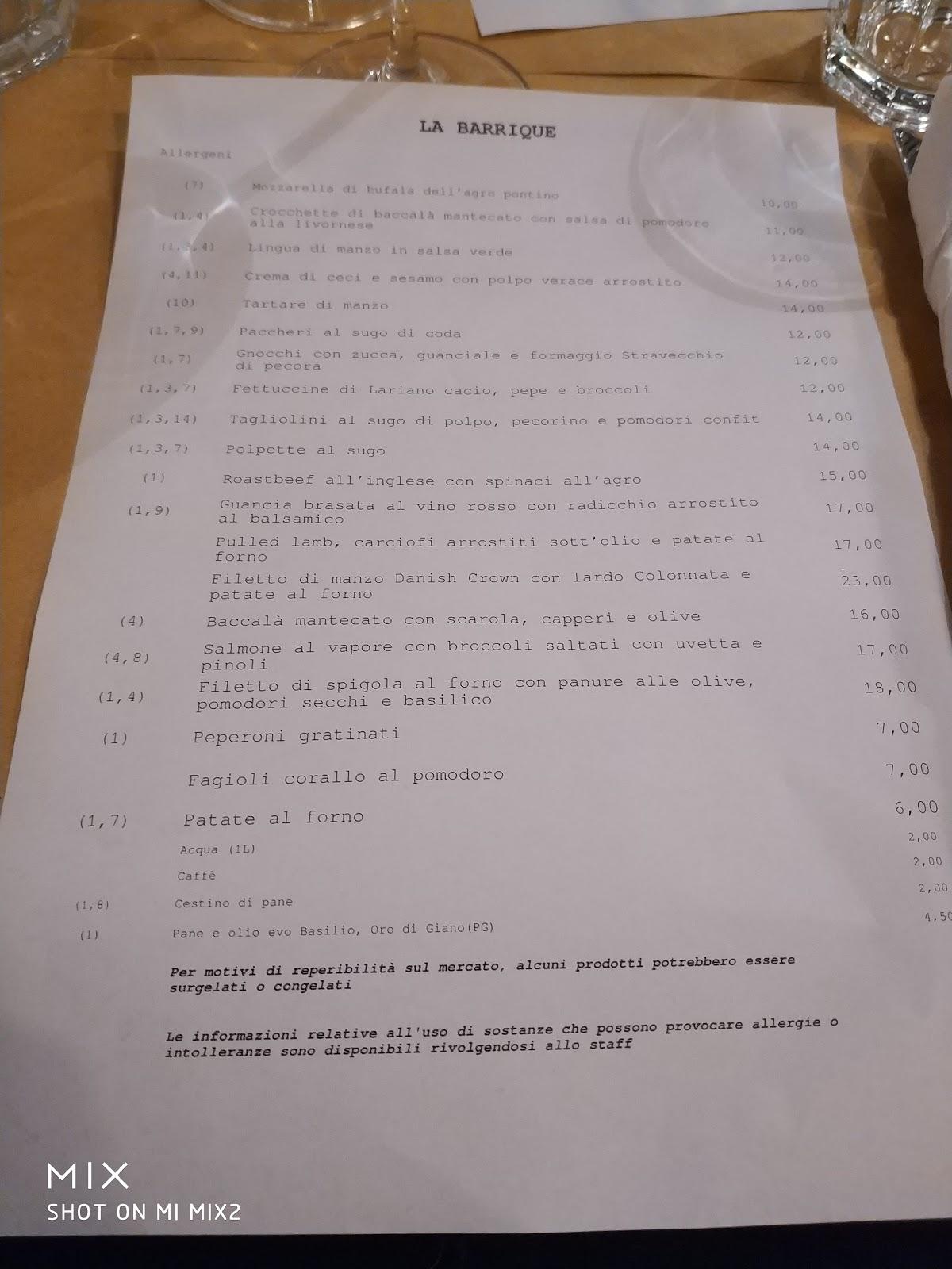 Menu Da La Barrique Roma