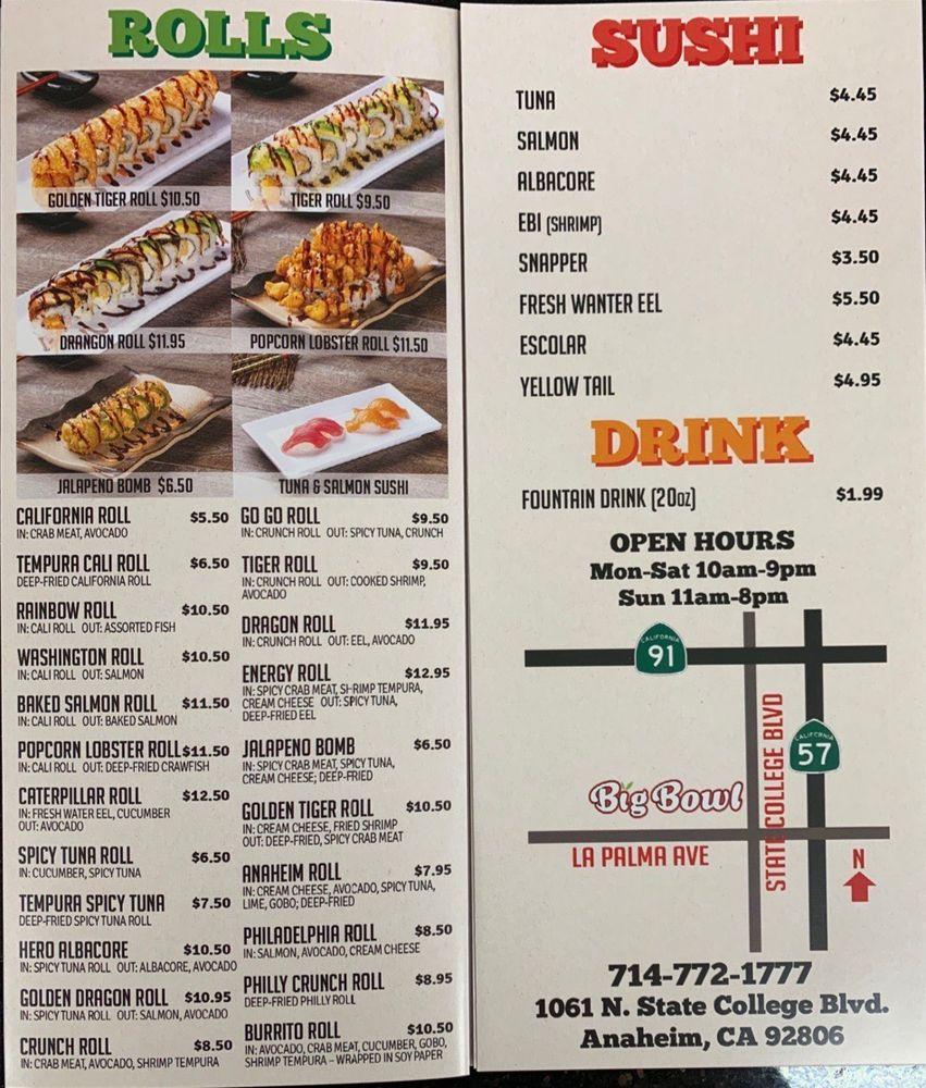 Menu at Big Bowl restaurant, Anaheim