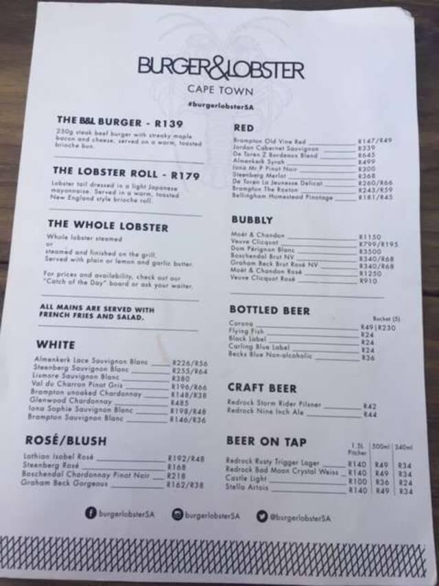 Menu at Burger & Lobster restaurant, Cape Town