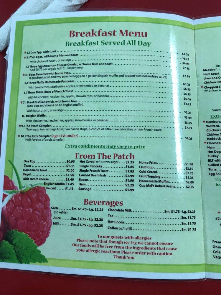 Menu at Mel's Raspberry Patch restaurant, Sanford, 372 Alfred Rd