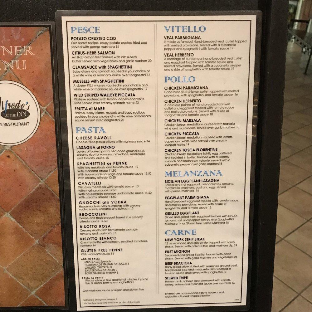 Menu at Alfredo's At the Inn Italian Restaurant, Mayfield