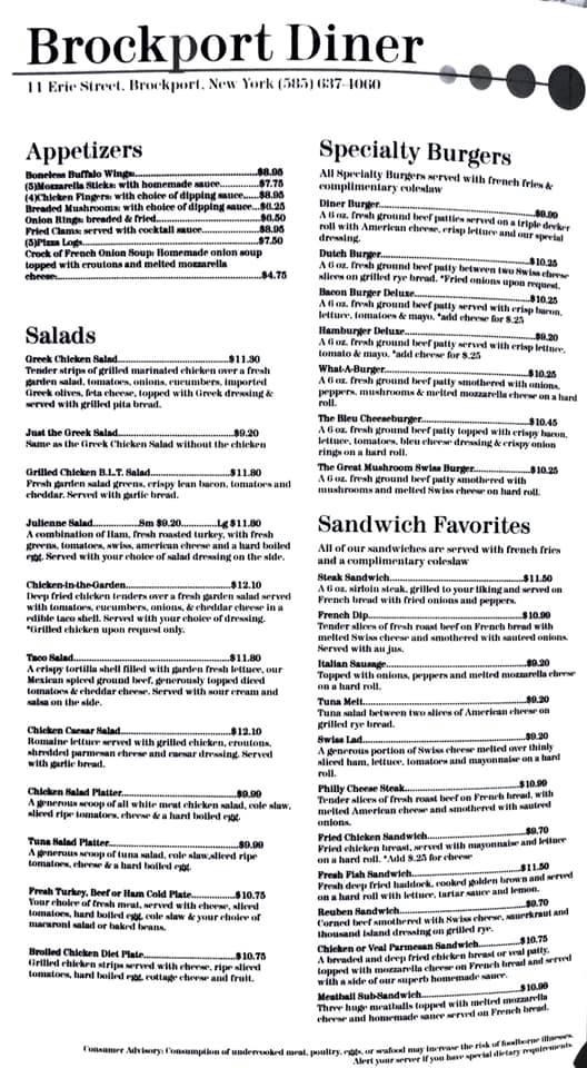 Menu at Brockport Diner cafe, Brockport