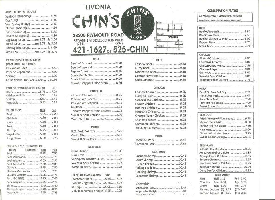 Menu at Chin's Restaurant, Livonia