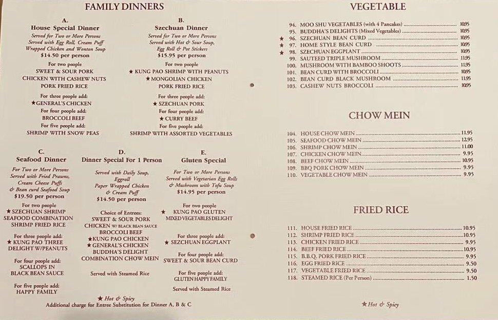 Menu at Fred's Szechuan Chinese Restaurant, Nevada City
