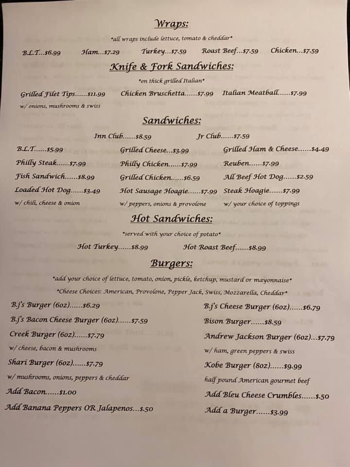 Menu at Yellow Creek Inn restaurant, Jackson Center