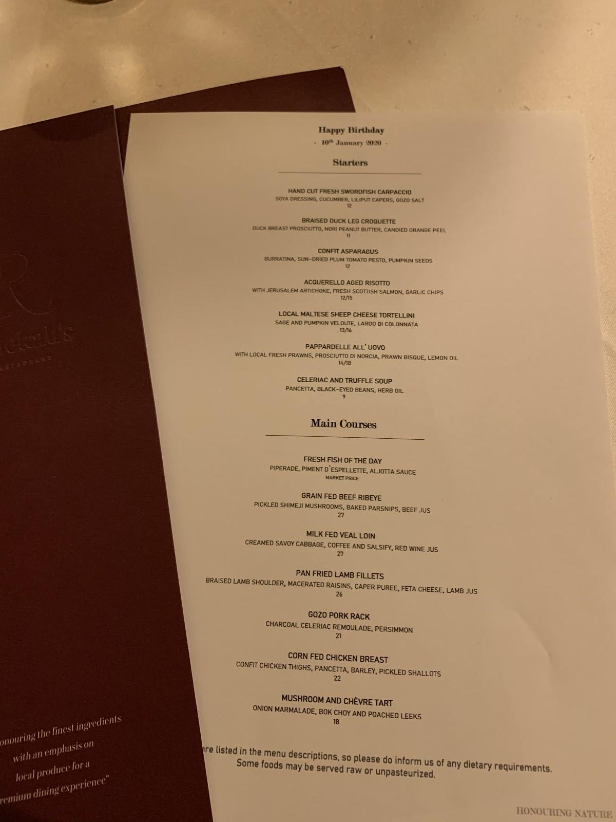 Menu at Rebekah's Restaurant, Mellieha