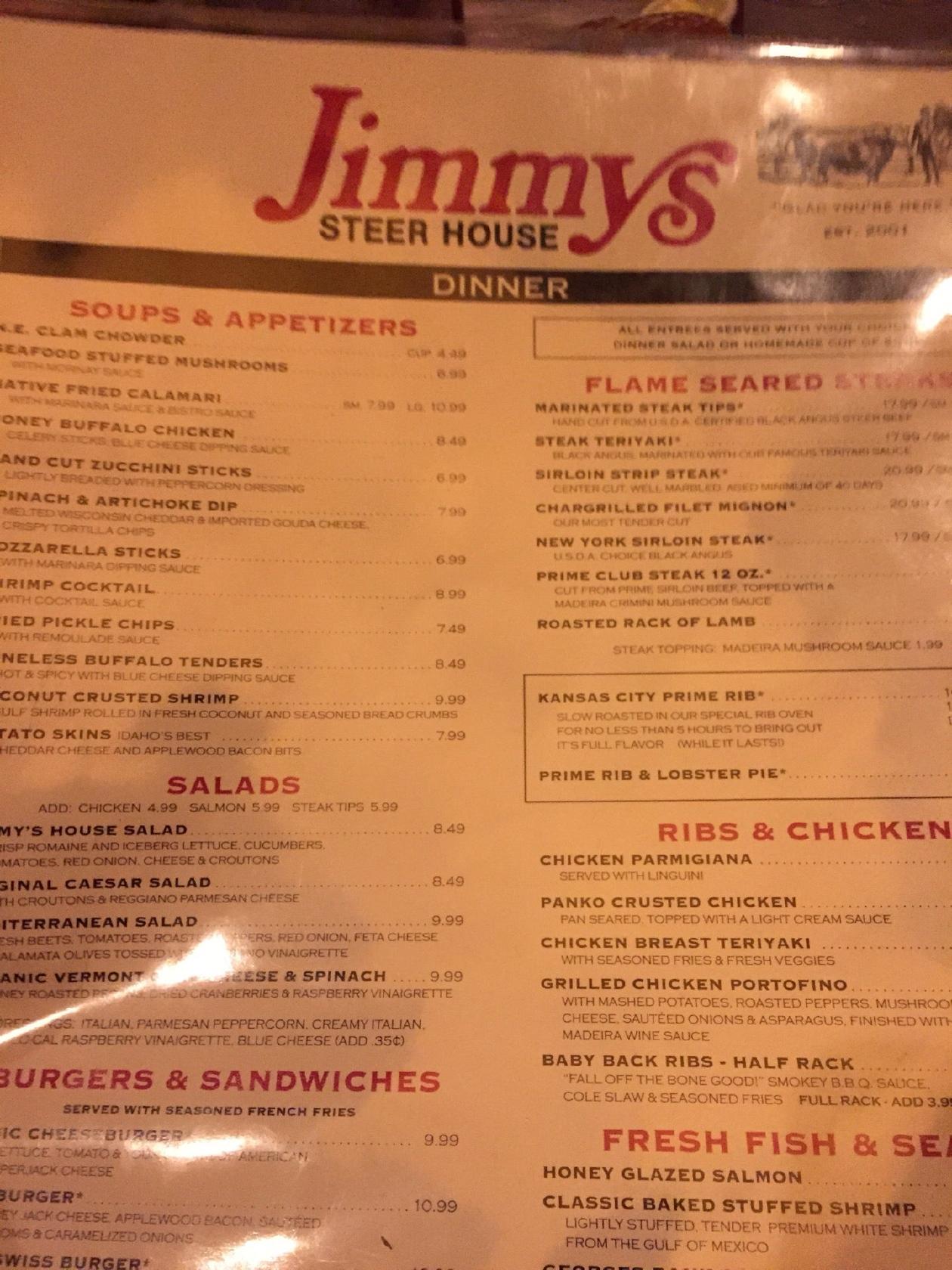 Menu at Jimmy's Steer House steakhouse, Saugus, 114 Broadway