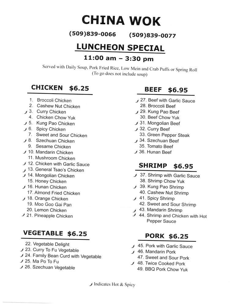Menu at China Wok restaurant, Sunnyside