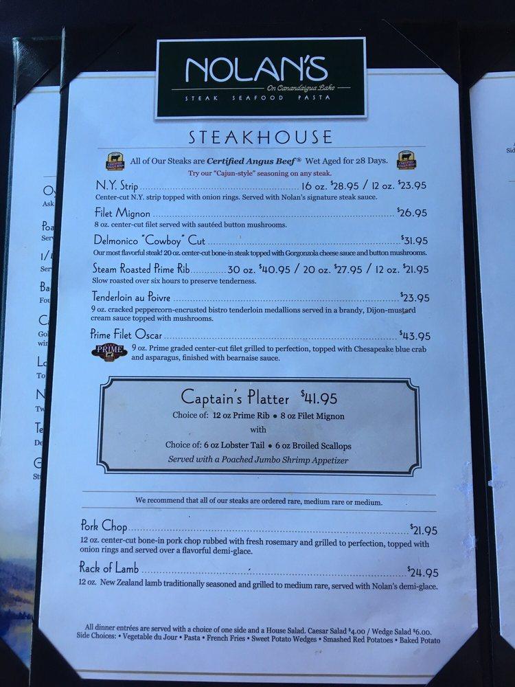 Menu at Nolan's steakhouse, Canandaigua