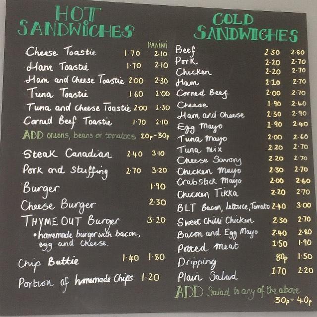Menu at Thyme Out cafe, Rotherham