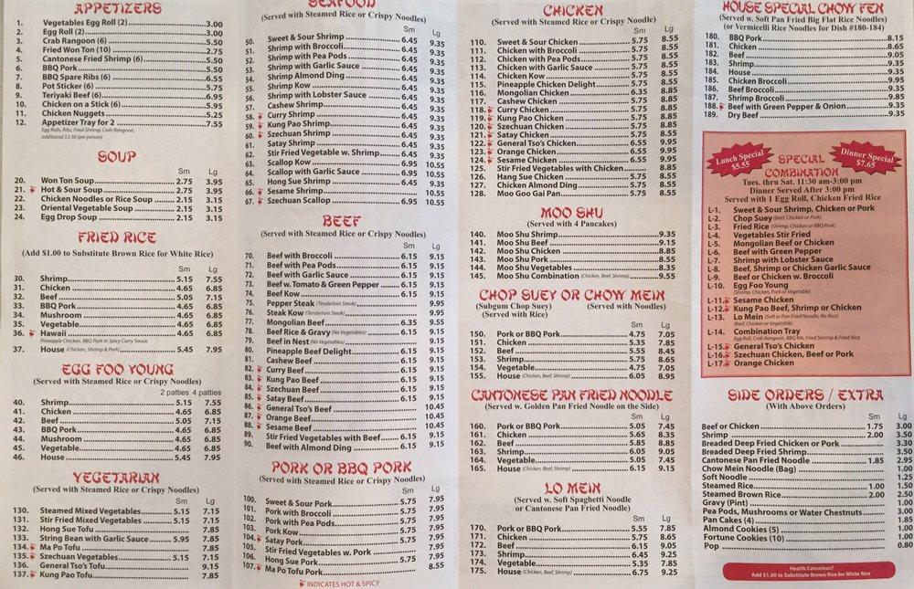 Menu at Chinese Ho Carryout fast food, Winfield