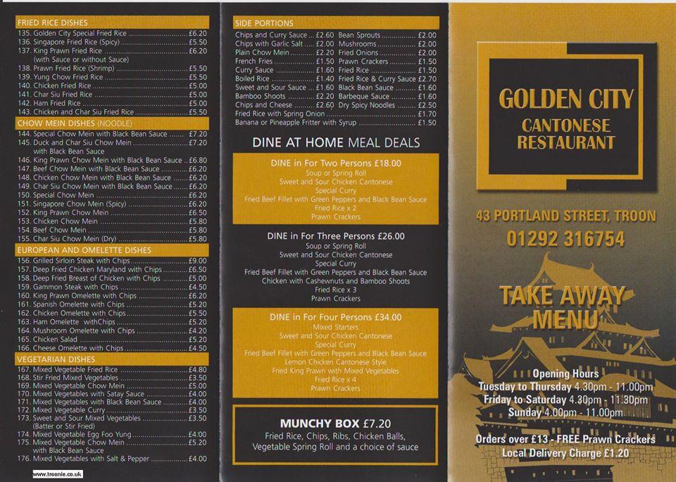 Menu at Golden City Chinese Take Away Troon restaurant, Troon