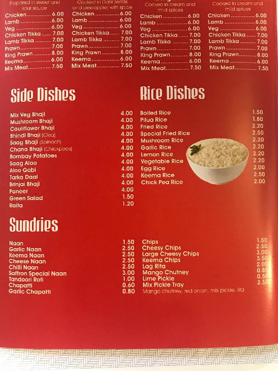 Menu at Saffron fast food, Sowerby Bridge, 21 Oldham Rd