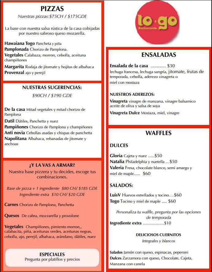Menu at Togo Tepoztlan pizzeria, Tepoztlán