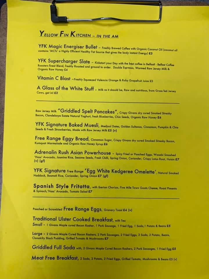 Menu at Yellow Fin Kitchen cafe, Belfast