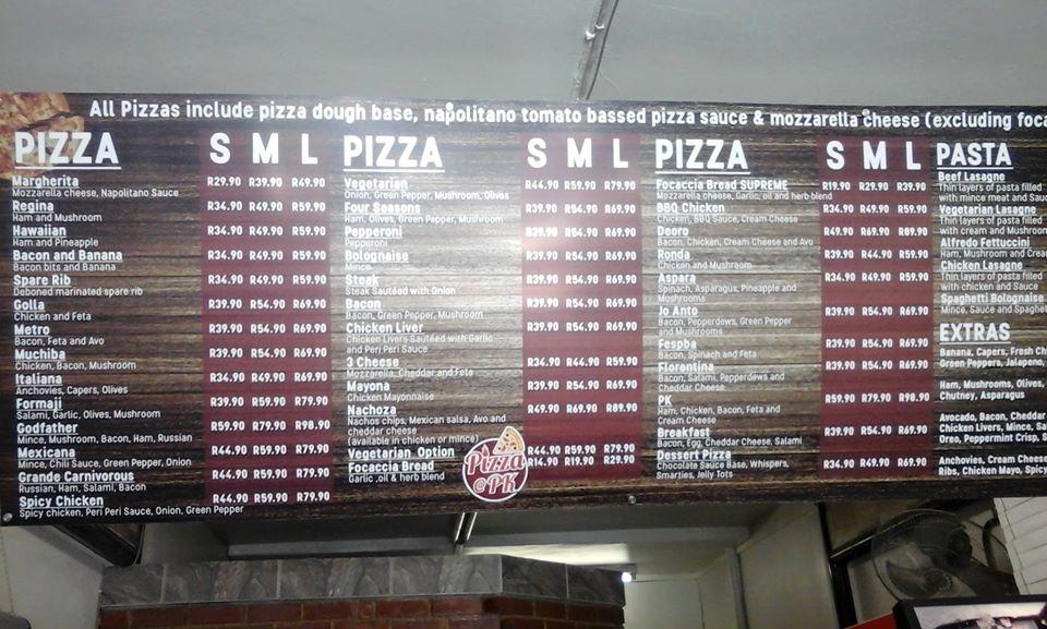 Menu at Pizza Pk restaurant, Johannesburg