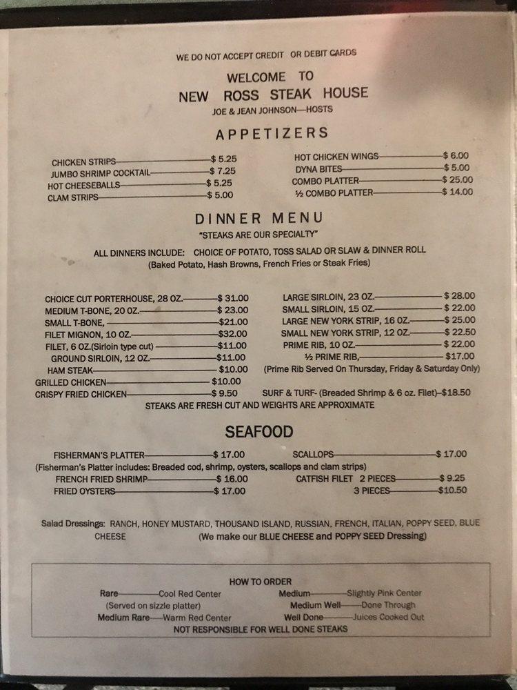 Carta de parrilla New Ross Steak House, New Ross