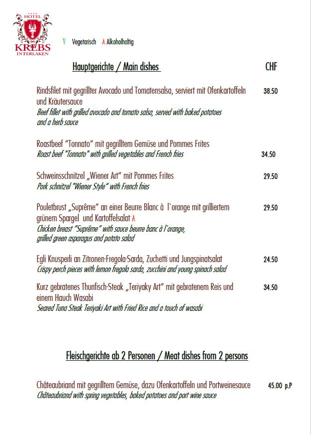 Menu at Hotel Krebs & Terrace Restaurants, Interlaken
