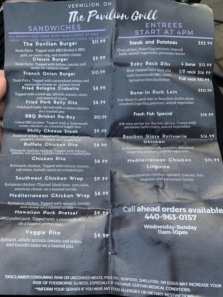 Menu at The Pavilion Grill restaurant, Vermilion