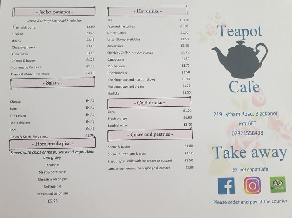 Menu at Teapot Cafe, Blackpool