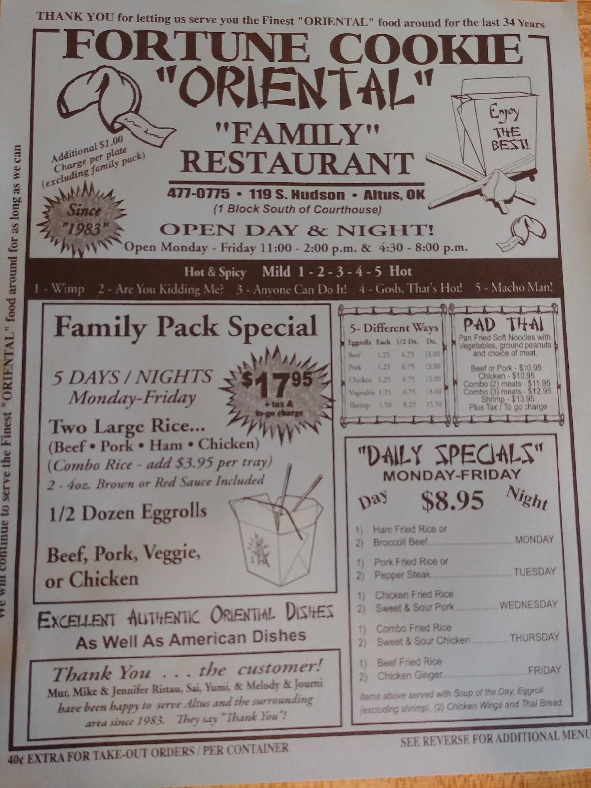Menu at Fortune Cookie Oriental Restaurant, Altus