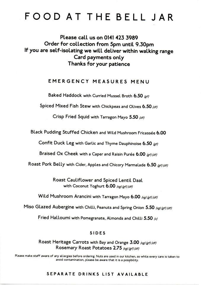 Menu at The Bell Jar pub & bar, Glasgow