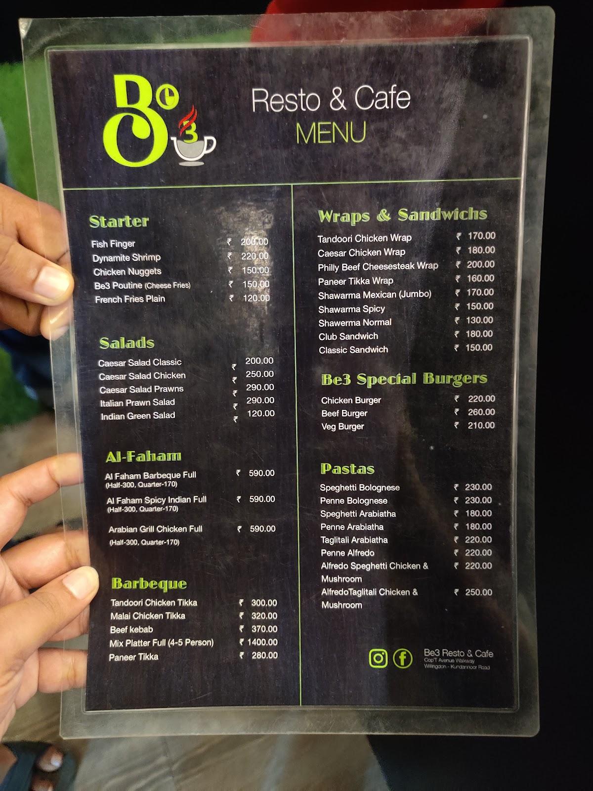 Menu at Be3 Resto & Cafe, Kochi