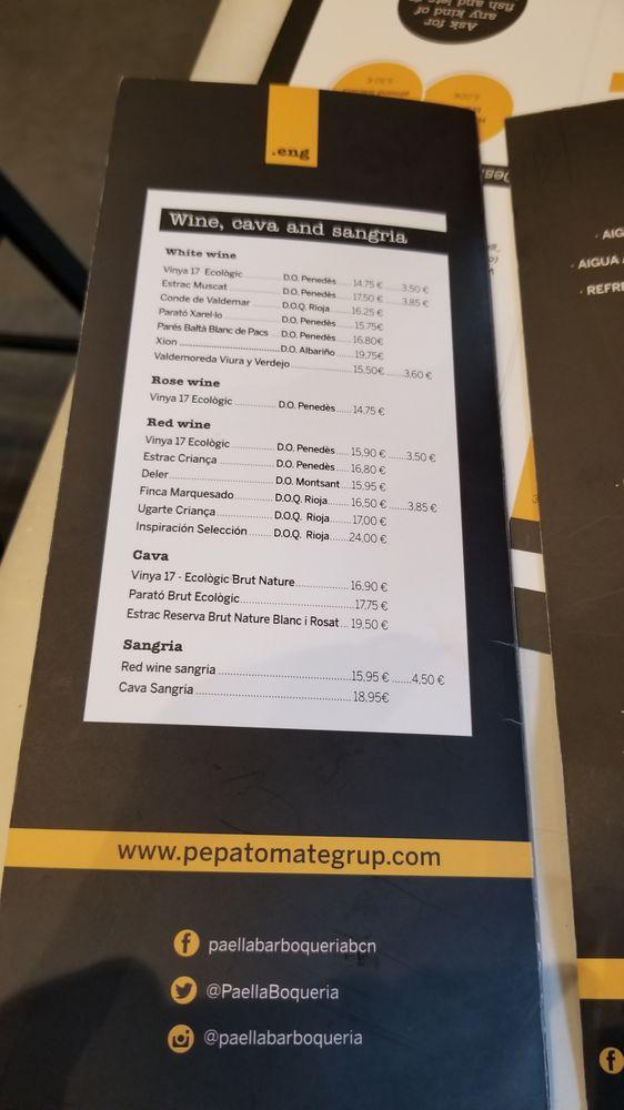 Menu at Paella Bar Boqueria, Barcelona, Mercat de la Boqueria Pòrtics