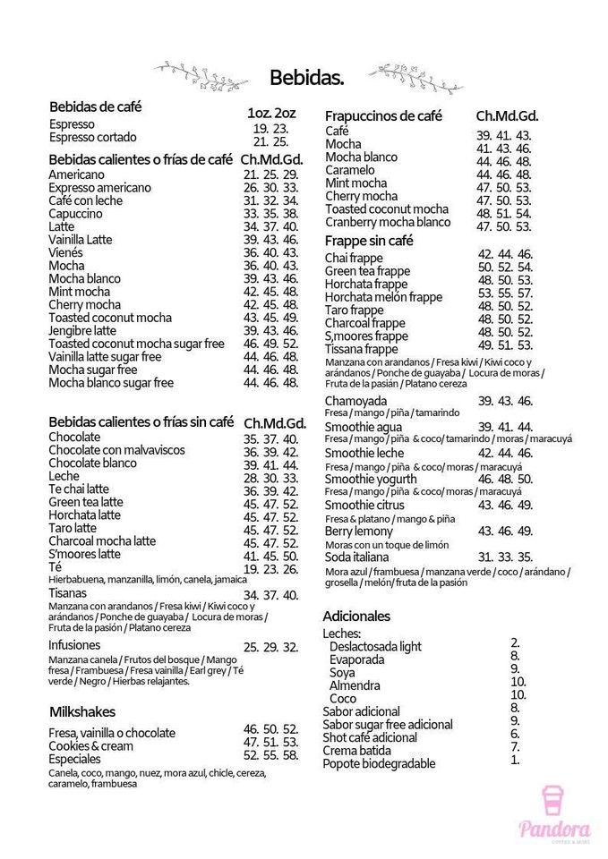 Carta de cafetería Pandora Coffee & More Zona Azul, Naucalpan de Juárez