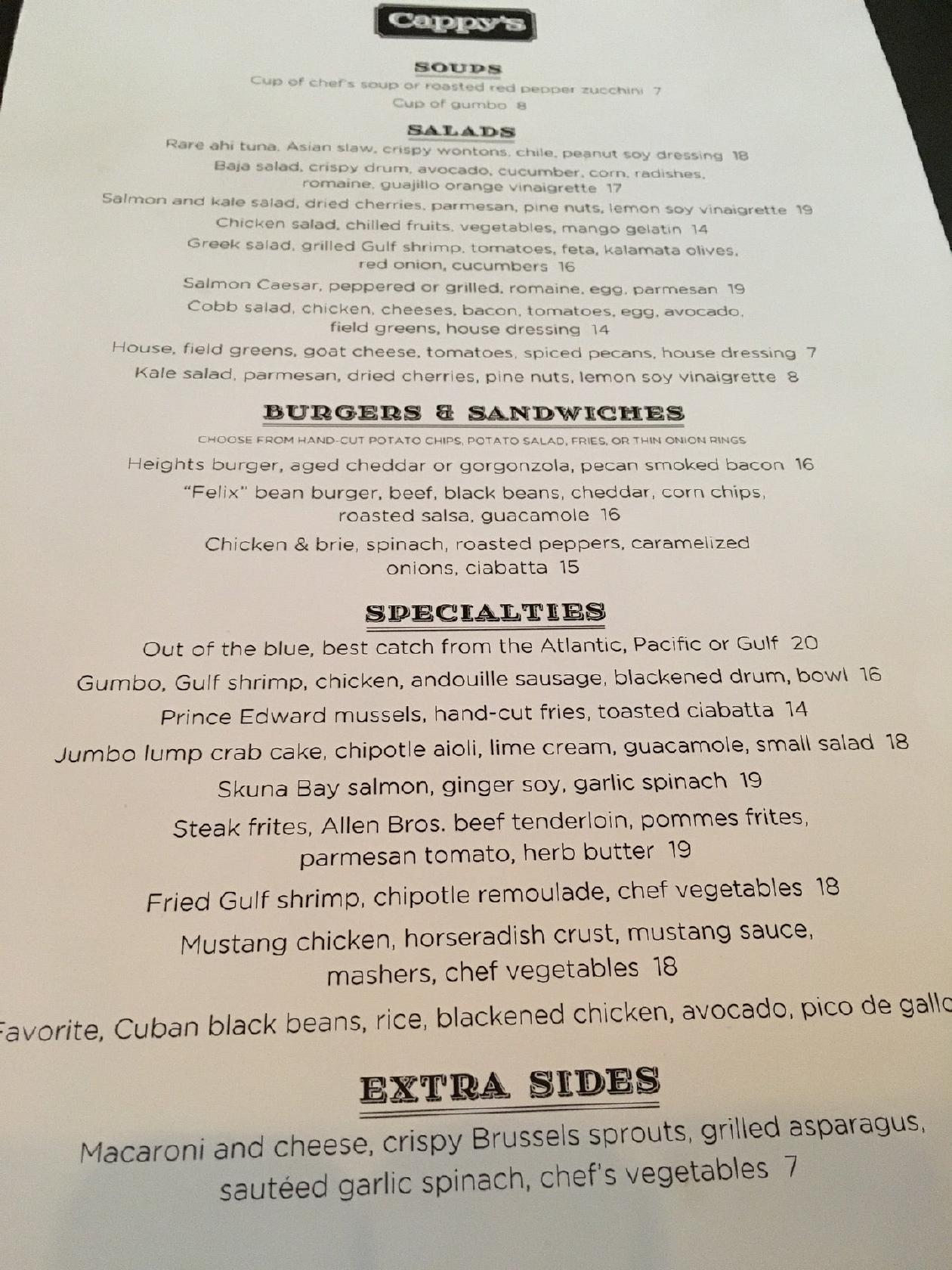 Menu at Cappy's Restaurant, San Antonio